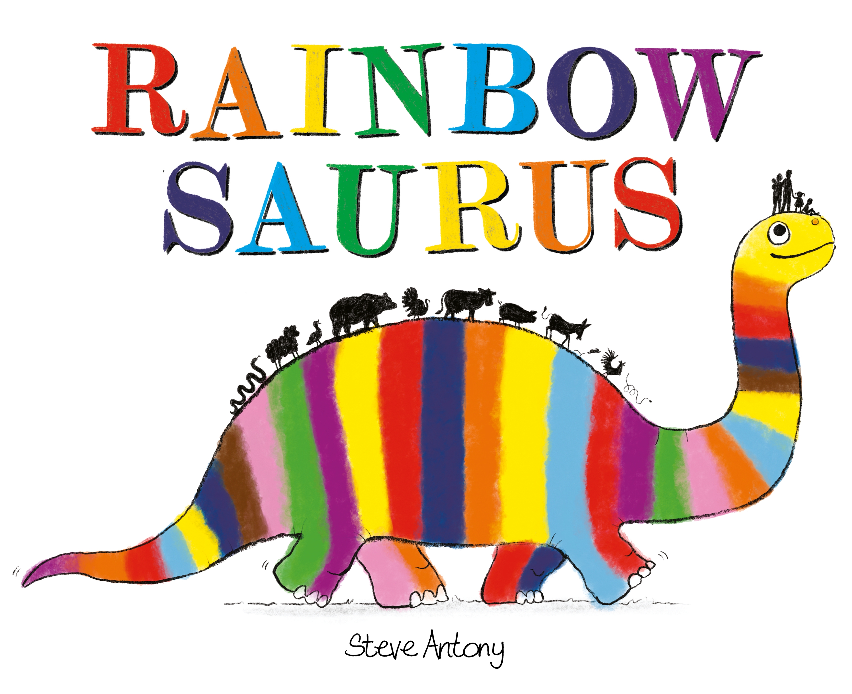 A cartoon, rainbow-striped, long-necked dinosaur, with very small silhouettes of a range of animals marching along its back. Silhouettes of a human family are on its head. The word 'Rainbowsaurus' is above the cartoon in capital letters. A cartoon, rainbow-striped, long-necked dinosaur, with very small silhouettes of a range of animals marching along its back. Silhouettes of a human family are on its head. The word 'Rainbowsaurus' is above the cartoon in capital letters.