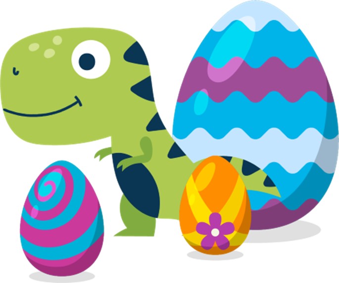 A cartoon of a baby dinosaur next to three, large. colourful patterned Easter eggs