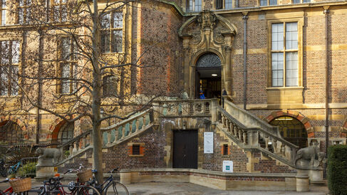 Double stone staircase leading up to wooden entrance doors
