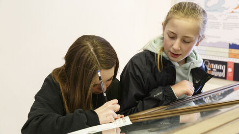 two girls looking in a museum case